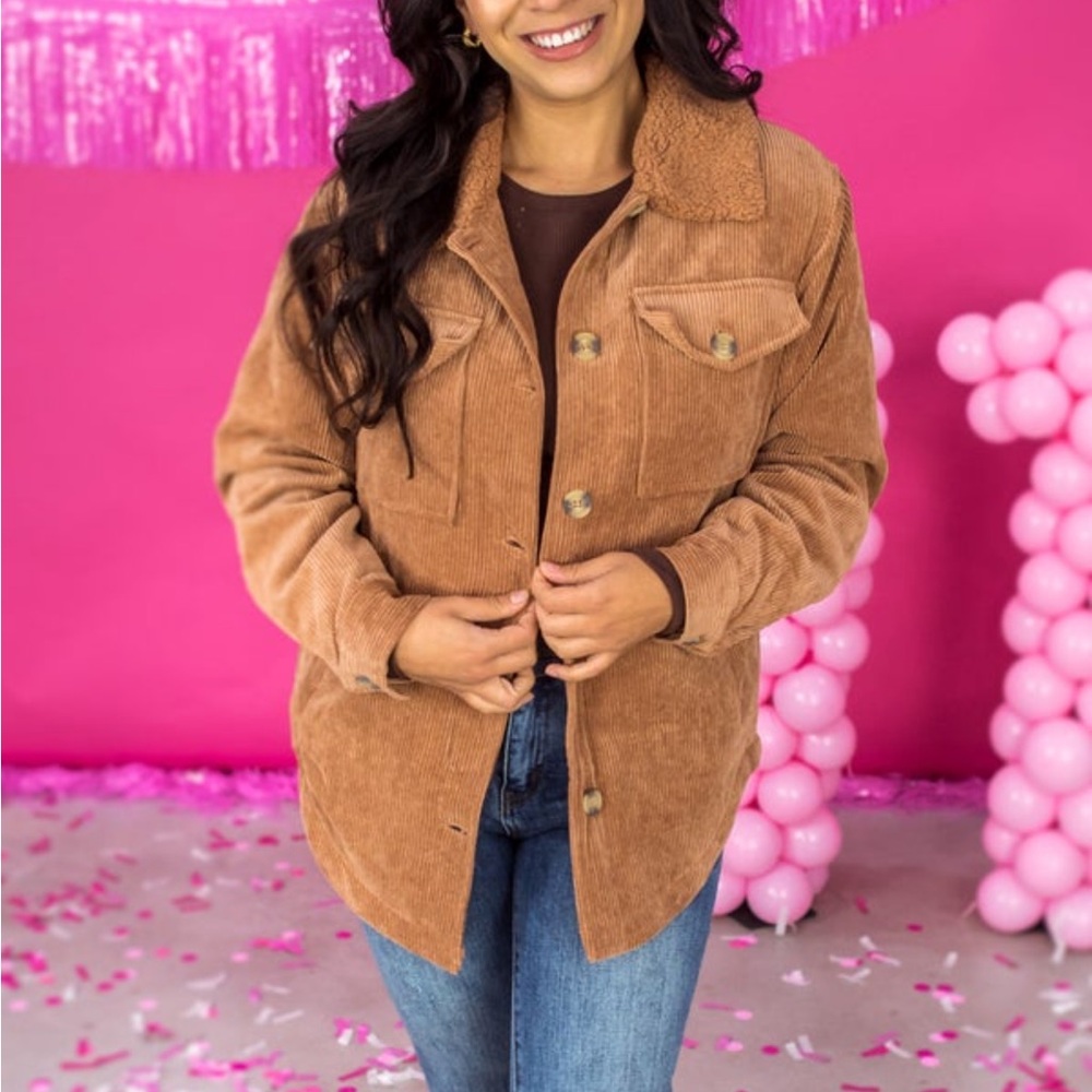Love Tree Camel Tan Sherpa Shacket Jacket from Flaunt Boutique Size L